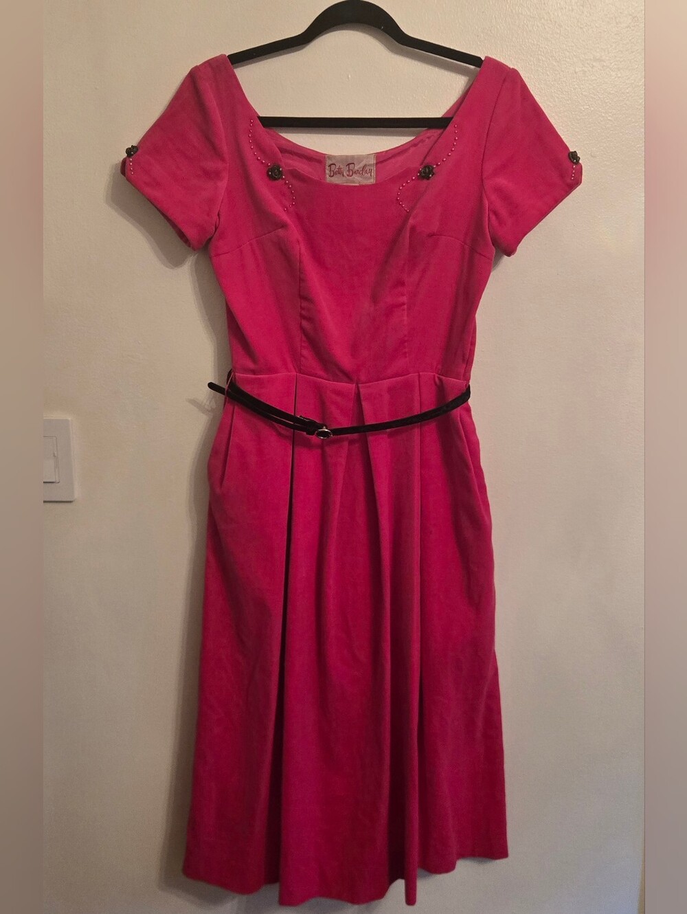Vintage 50s Betty Barclay Pink Velveteen Dress Pearl Detail